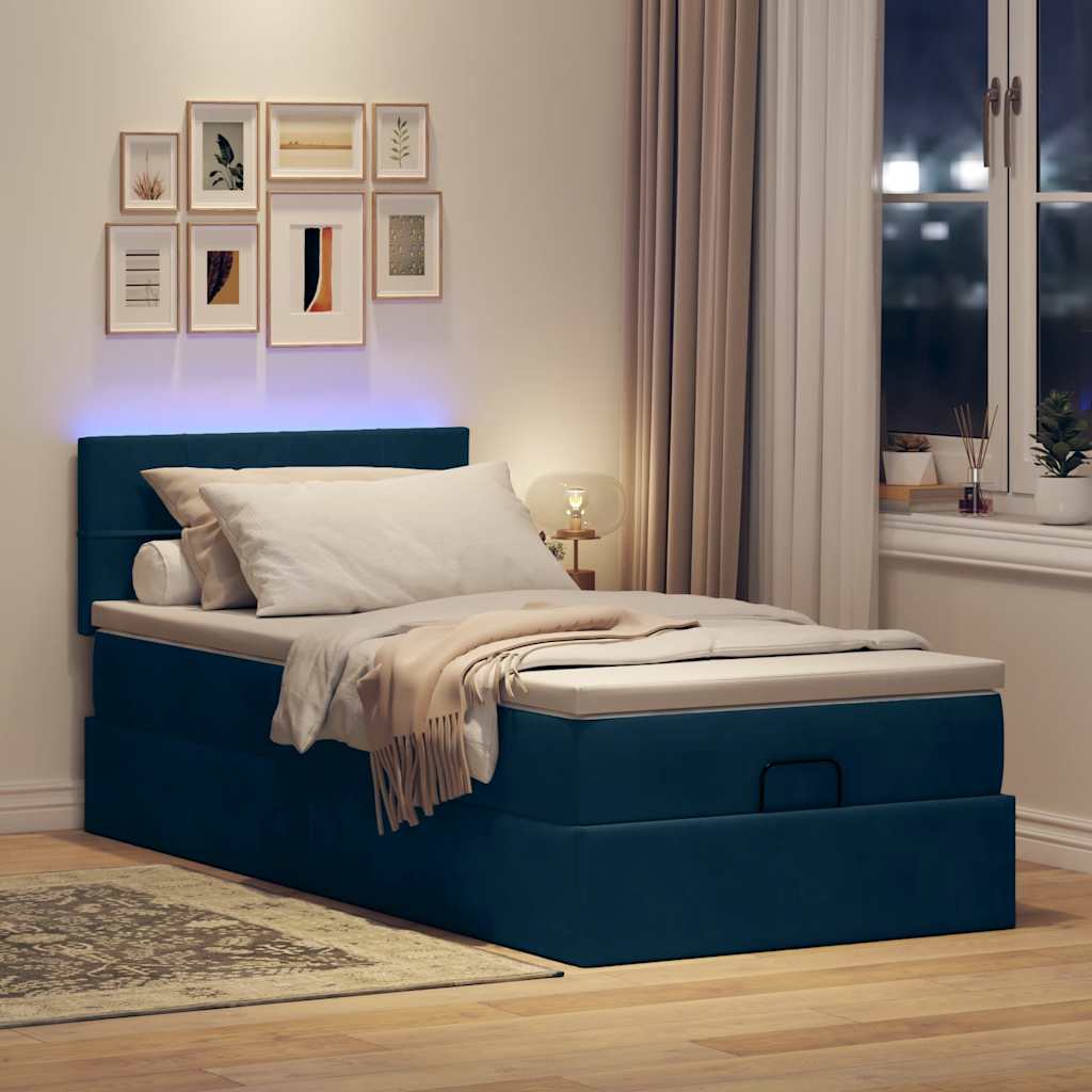 Cama otomana com colchão & leds 80x200cm veludo azul-escuro