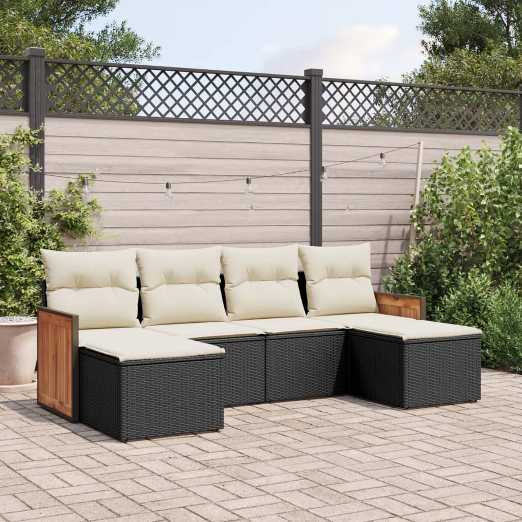 6 Pcs conjunto sofás de jardim c/ almofadões vime PE preto