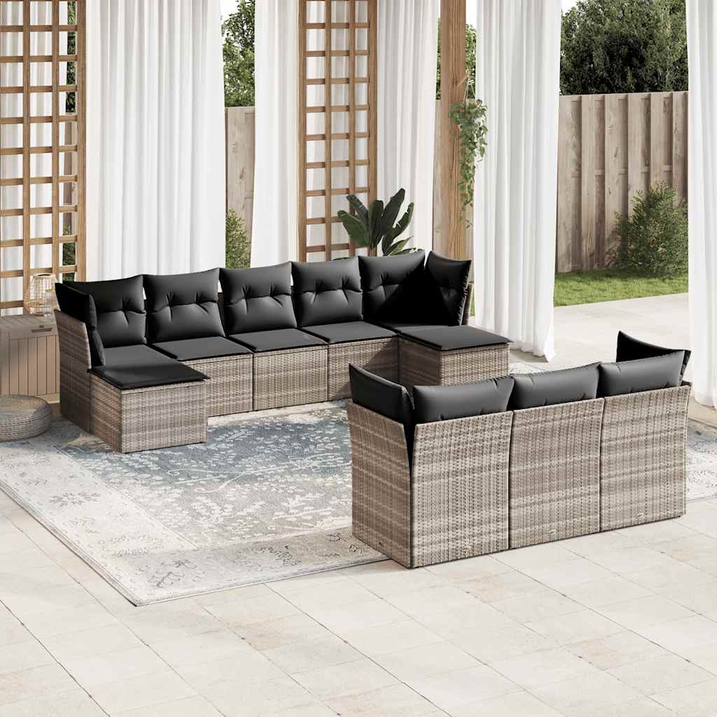 10 Pcs conj. sofás jardim com almofadões vime PE cinzento-claro