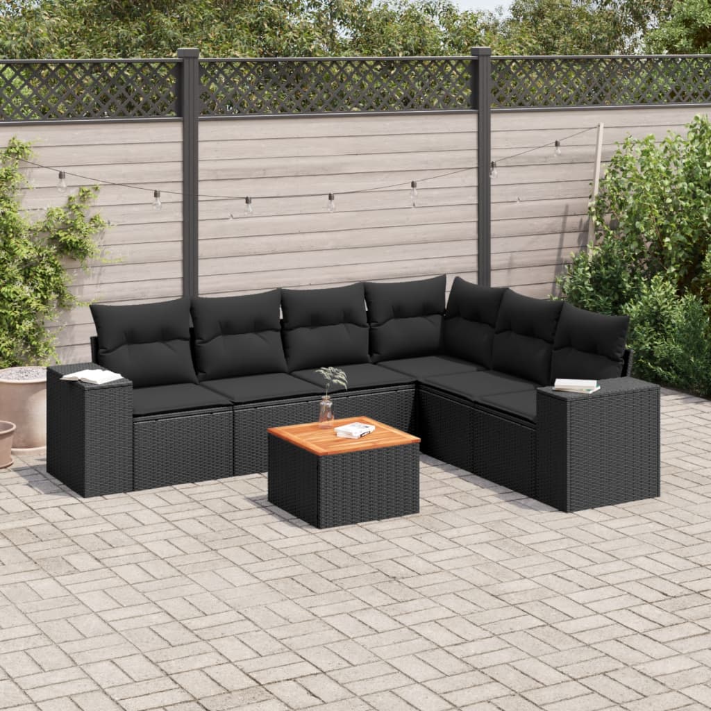 7 Pcs conjunto de sofás p/ jardim c/ almofadões vime PE preto