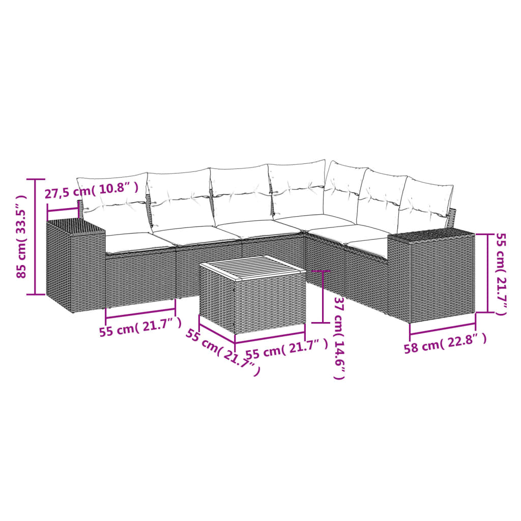 7 Pcs conjunto de sofás p/ jardim c/ almofadões vime PE preto
