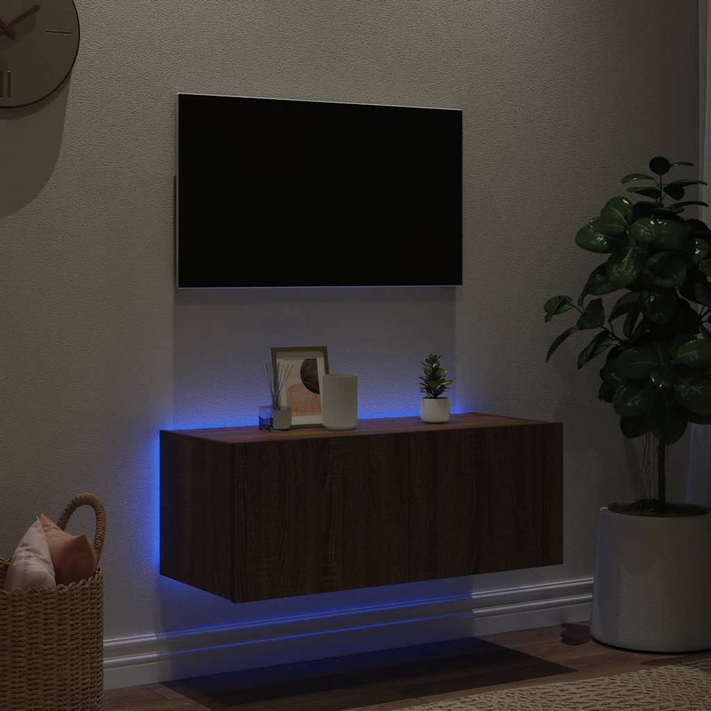 Móvel parede p/ TV c/ luzes LED 80x35x31 cm carvalho castanho