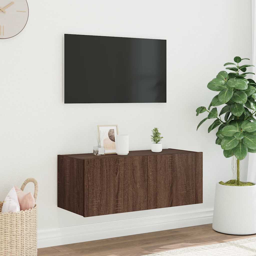Móvel parede p/ TV c/ luzes LED 80x35x31 cm carvalho castanho