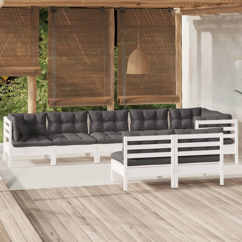 8 Pcs conj. lounge de jardim c/ almofadões pinho maciço branco