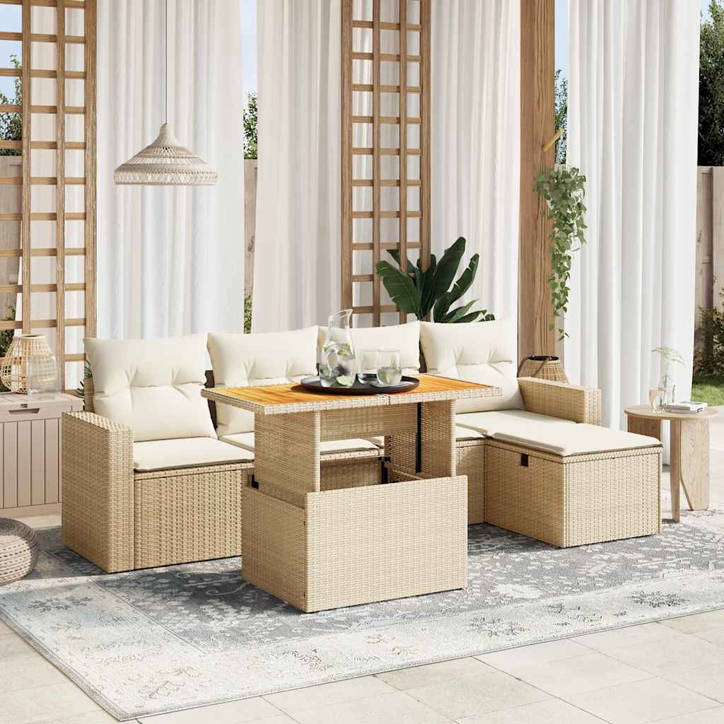 6 Pcs conjunto de sofás p/ jardim com almofadões vime PE bege
