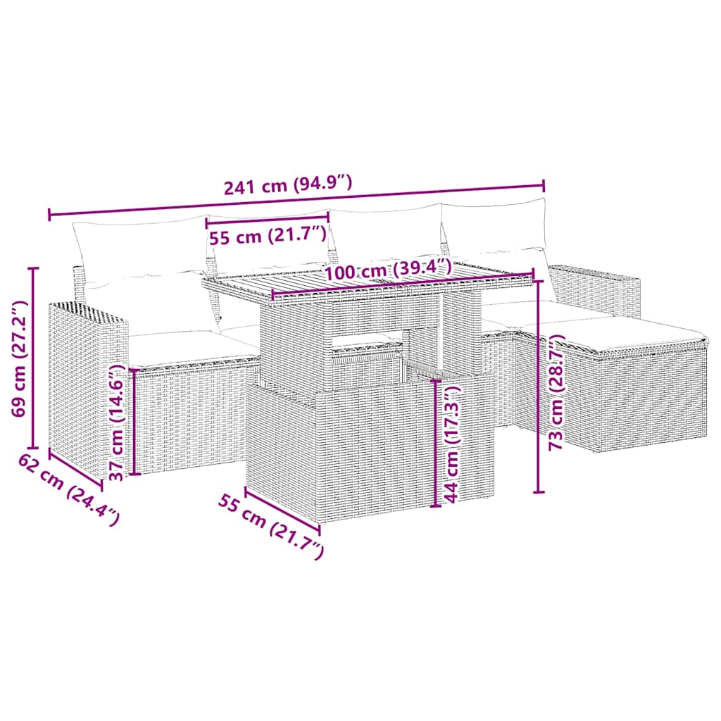 6 Pcs conjunto de sofás p/ jardim com almofadões vime PE bege