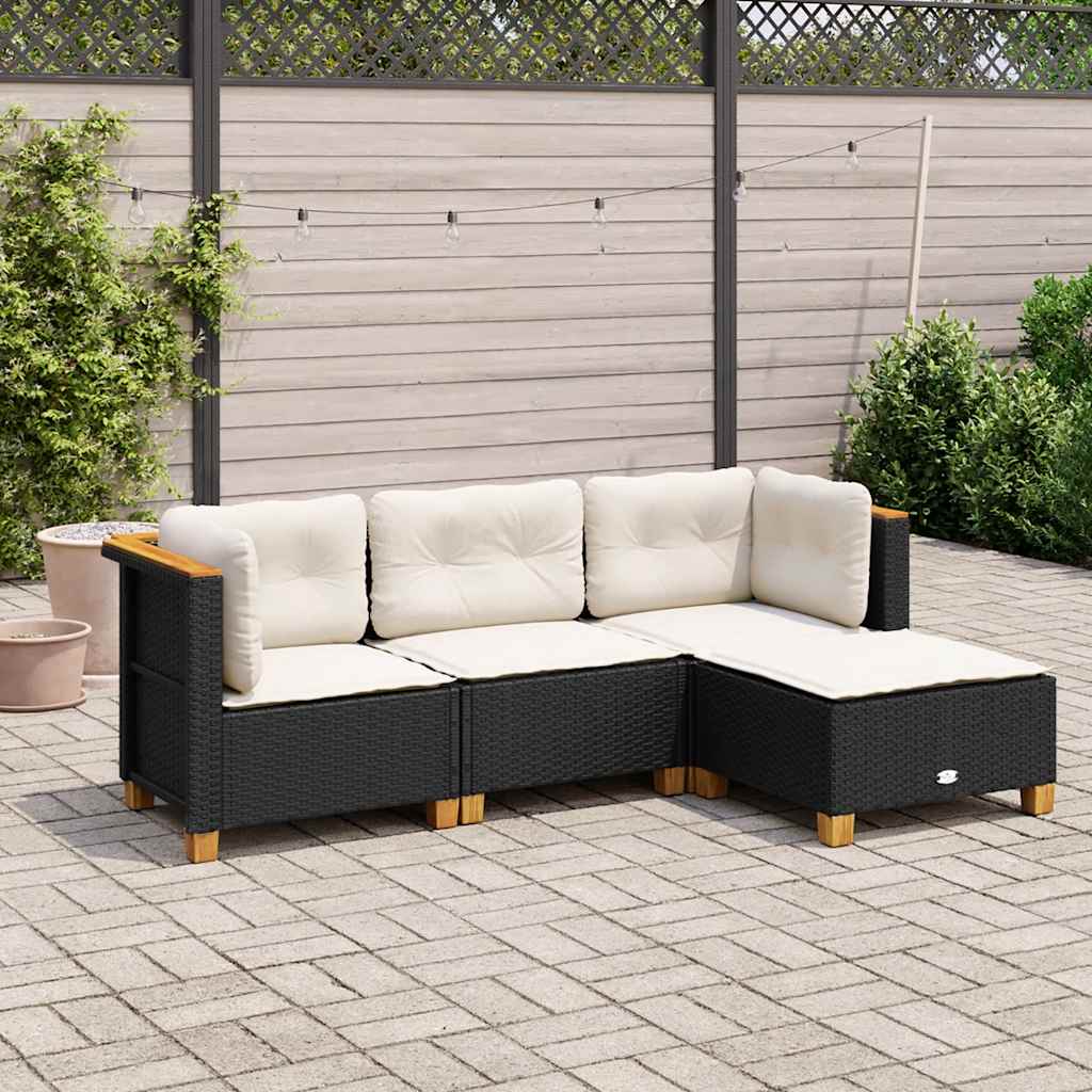 4 Pcs conjunto de sofás para jardim c/ almofadões vime PE preto