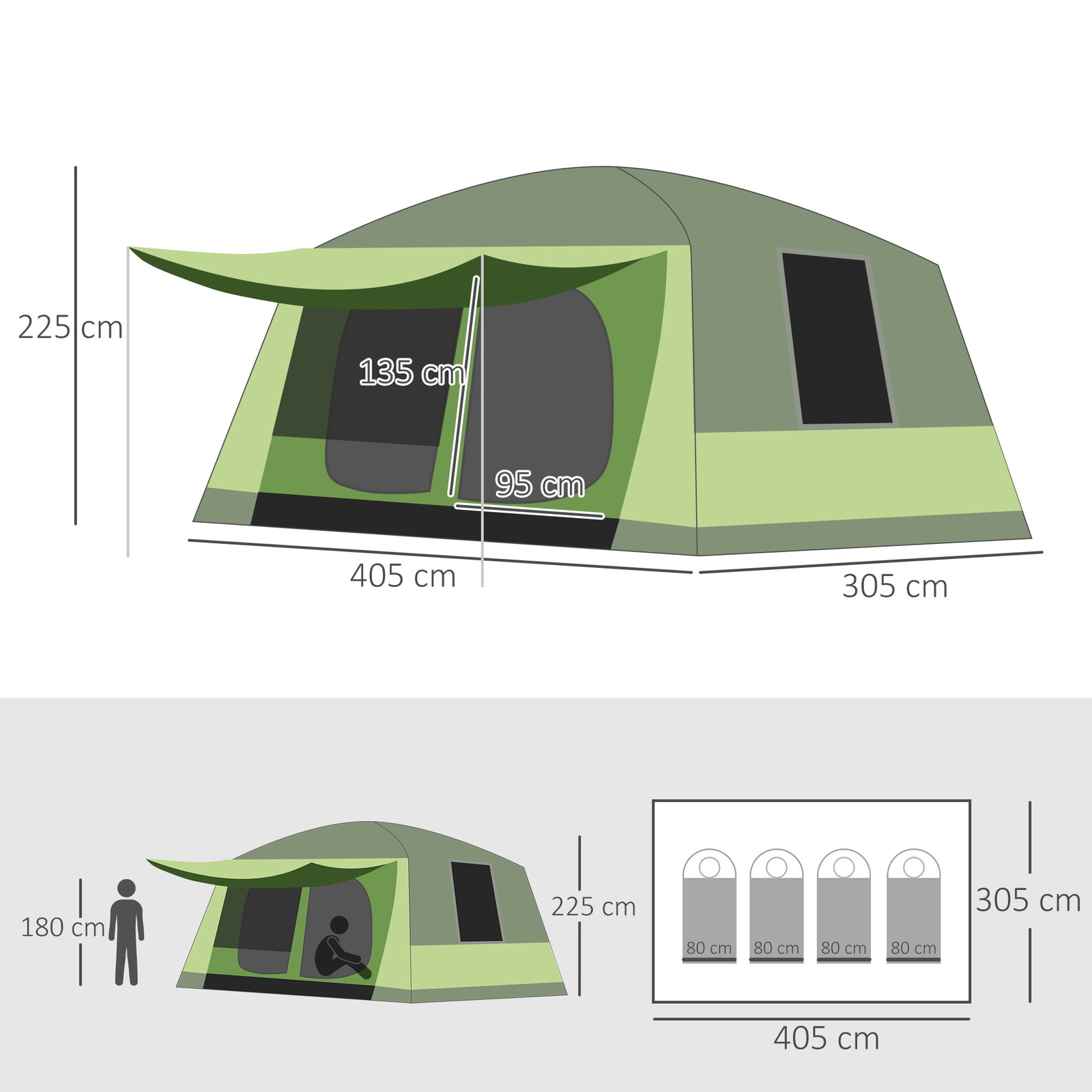 Tenda de Campismo Familiar para 4 Pessoas Tenda de Campismo Portátil Impermeável com Bolsa de Transporte Rede Mosquiteira e Prot
