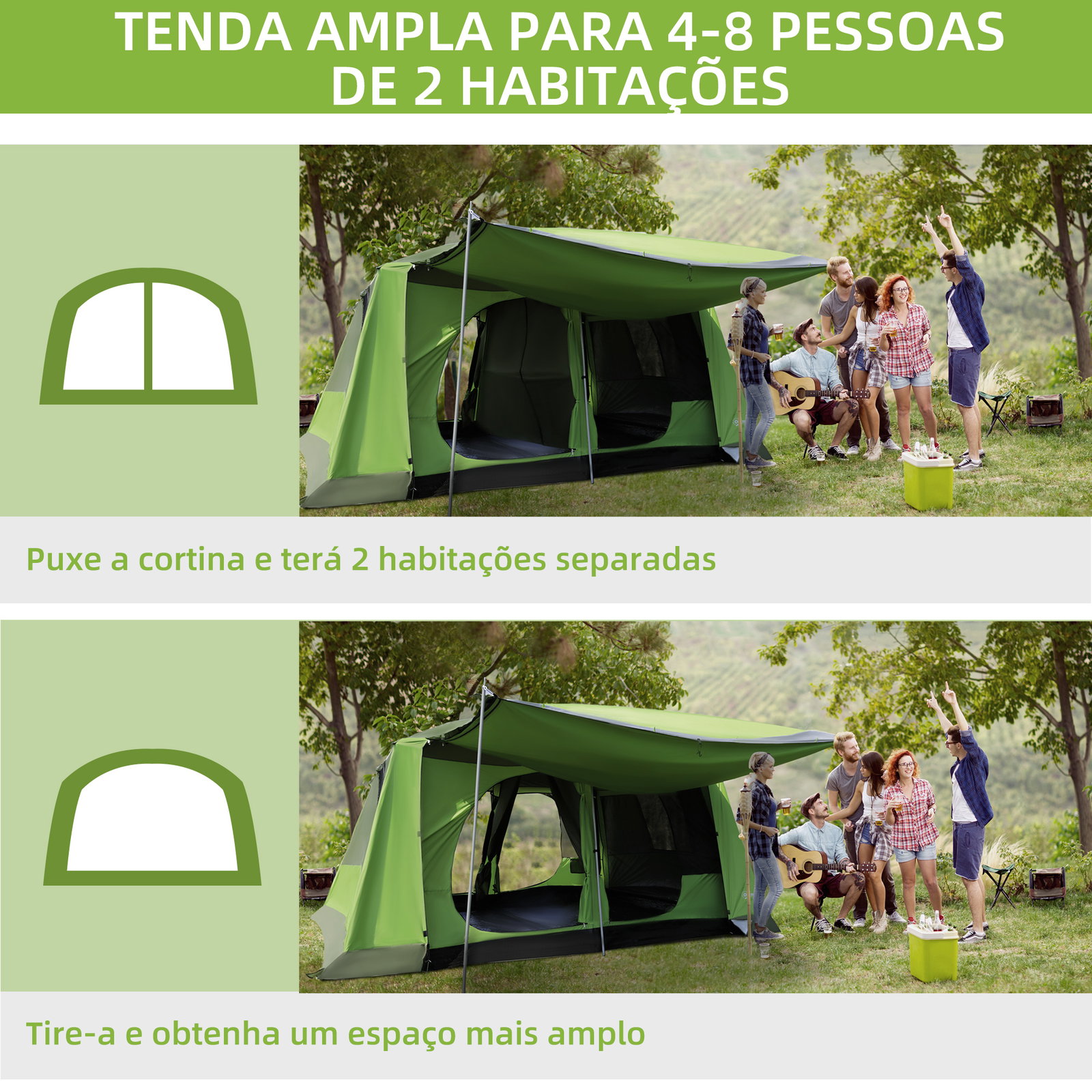 Tenda de Campismo Familiar para 4 Pessoas Tenda de Campismo Portátil Impermeável com Bolsa de Transporte Rede Mosquiteira e Prot