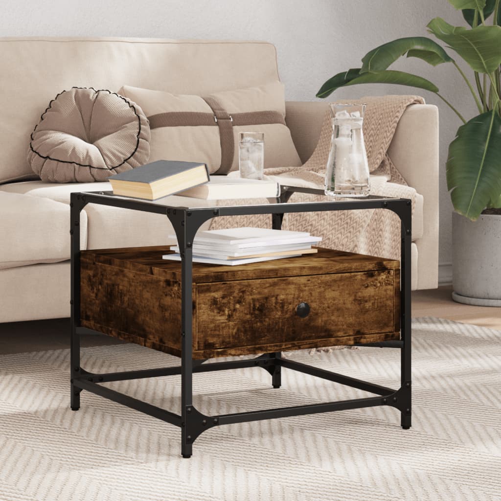 Mesa de centro c/ topo de vidro 50x50x45 cm carvalho fumado aço
