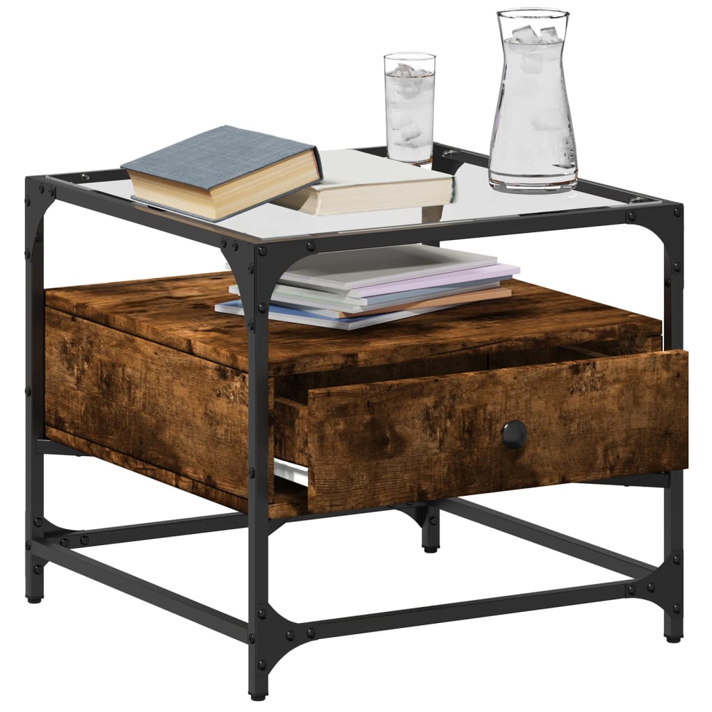 Mesa de centro c/ topo de vidro 50x50x45 cm carvalho fumado aço