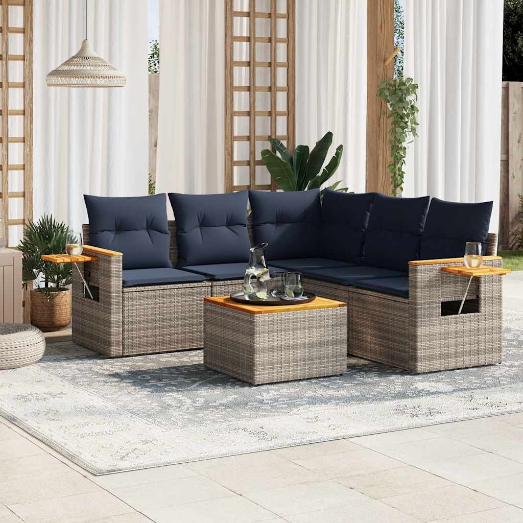 6 Pcs conjunto sofás p/ jardim c/ almofadões vime PE cinzento
