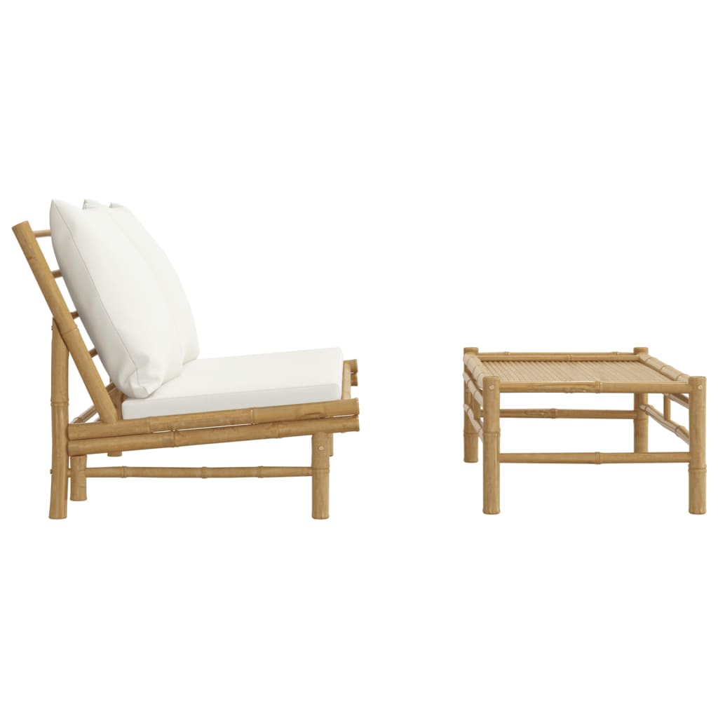 2 Pcs conjunto lounge de jardim bambu c/ almofadões branco nata