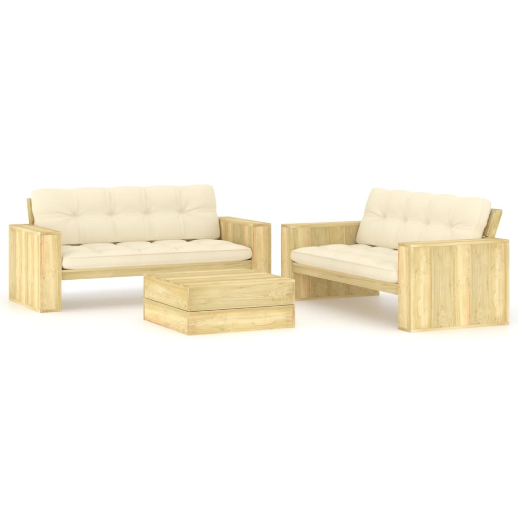 3 Pcs conjunto lounge de jardim com almofadões pinho impregnado