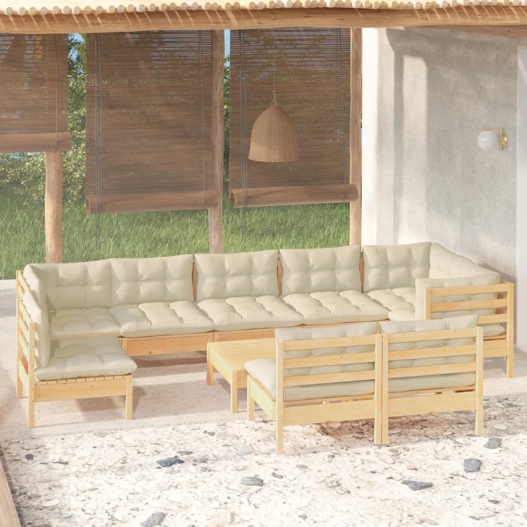 10 Pcs conjunto lounge jardim c/ almofadões creme pinho maciço