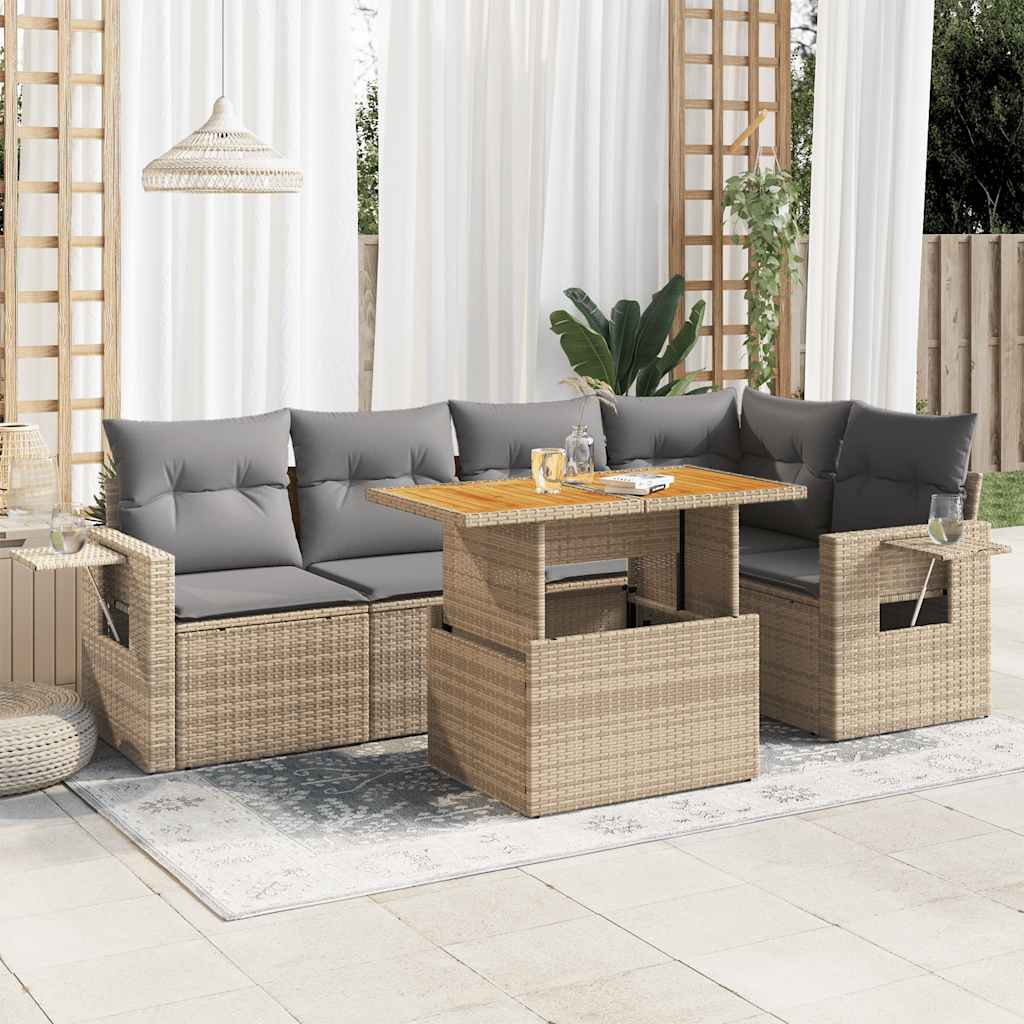 6 Pcs conjunto de sofás p/ jardim com almofadões vime PE bege