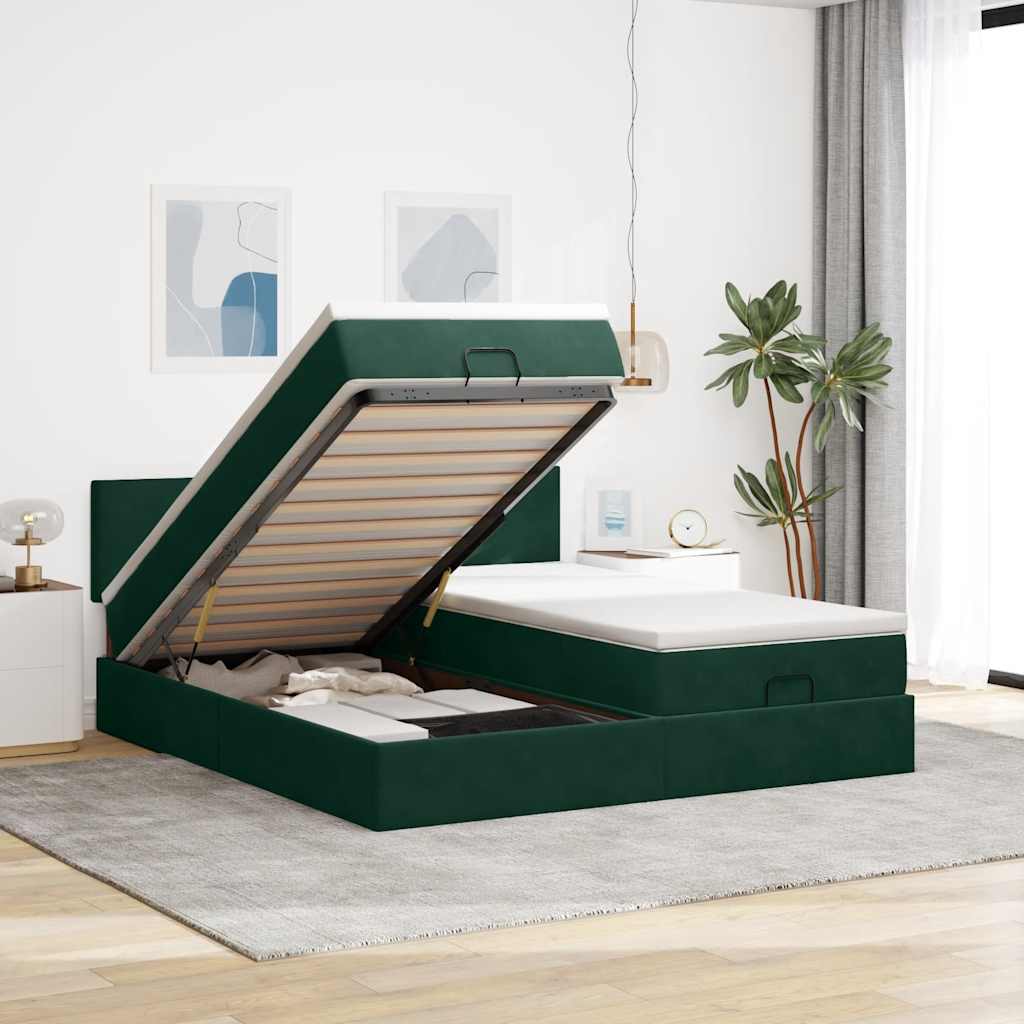 Estrutura de cama otomana com colchão verde escuro veludo