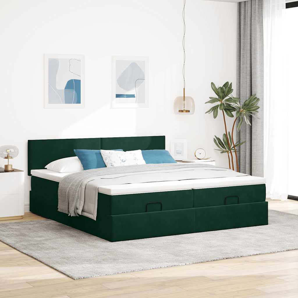 Estrutura de cama otomana com colchão verde escuro veludo