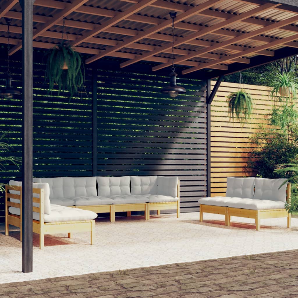 8 Pcs conjunto lounge jardim c/ almofadões creme pinho maciço