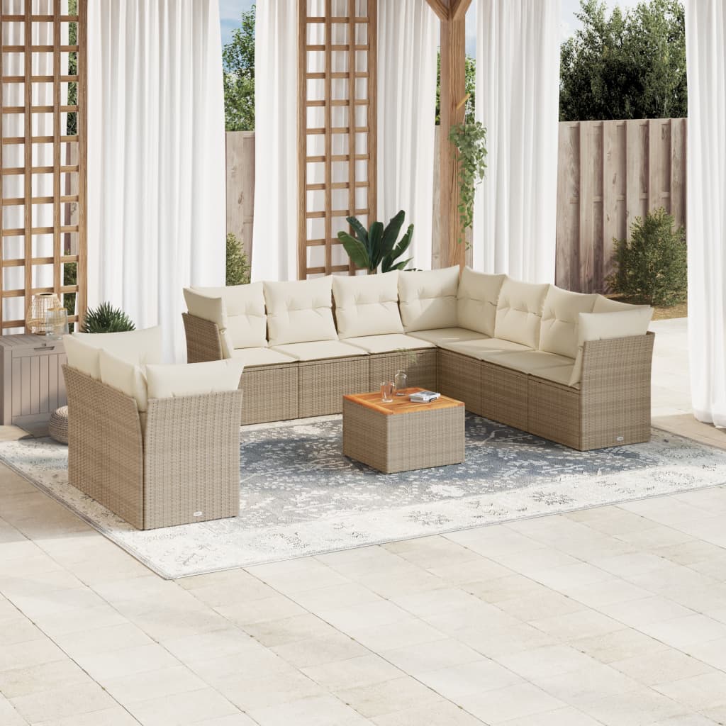 10 Pcs conjunto de sofás p/ jardim com almofadões vime PE bege