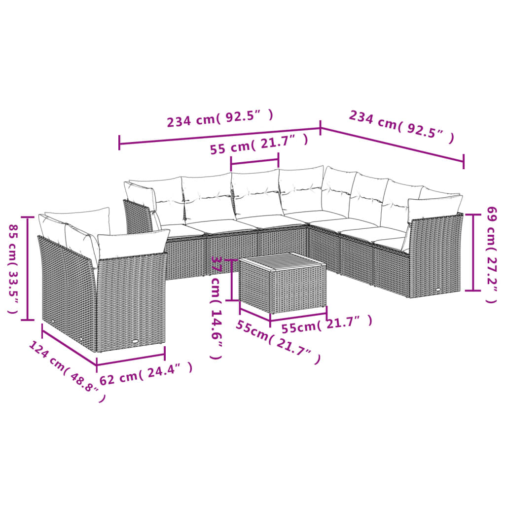 10 Pcs conjunto de sofás p/ jardim com almofadões vime PE bege