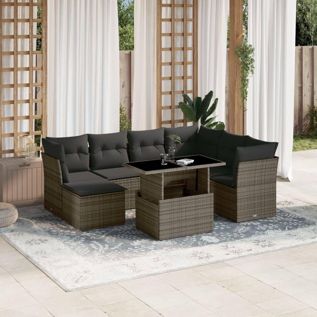 8 Pcs conjunto sofás de jardim c/ almofadões vime PE cinzento