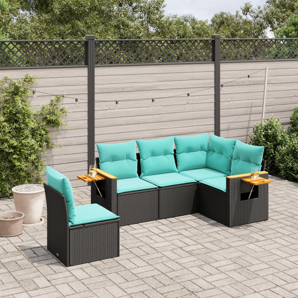 5 Pcs conjunto de sofás p/ jardim c/ almofadões vime PE preto