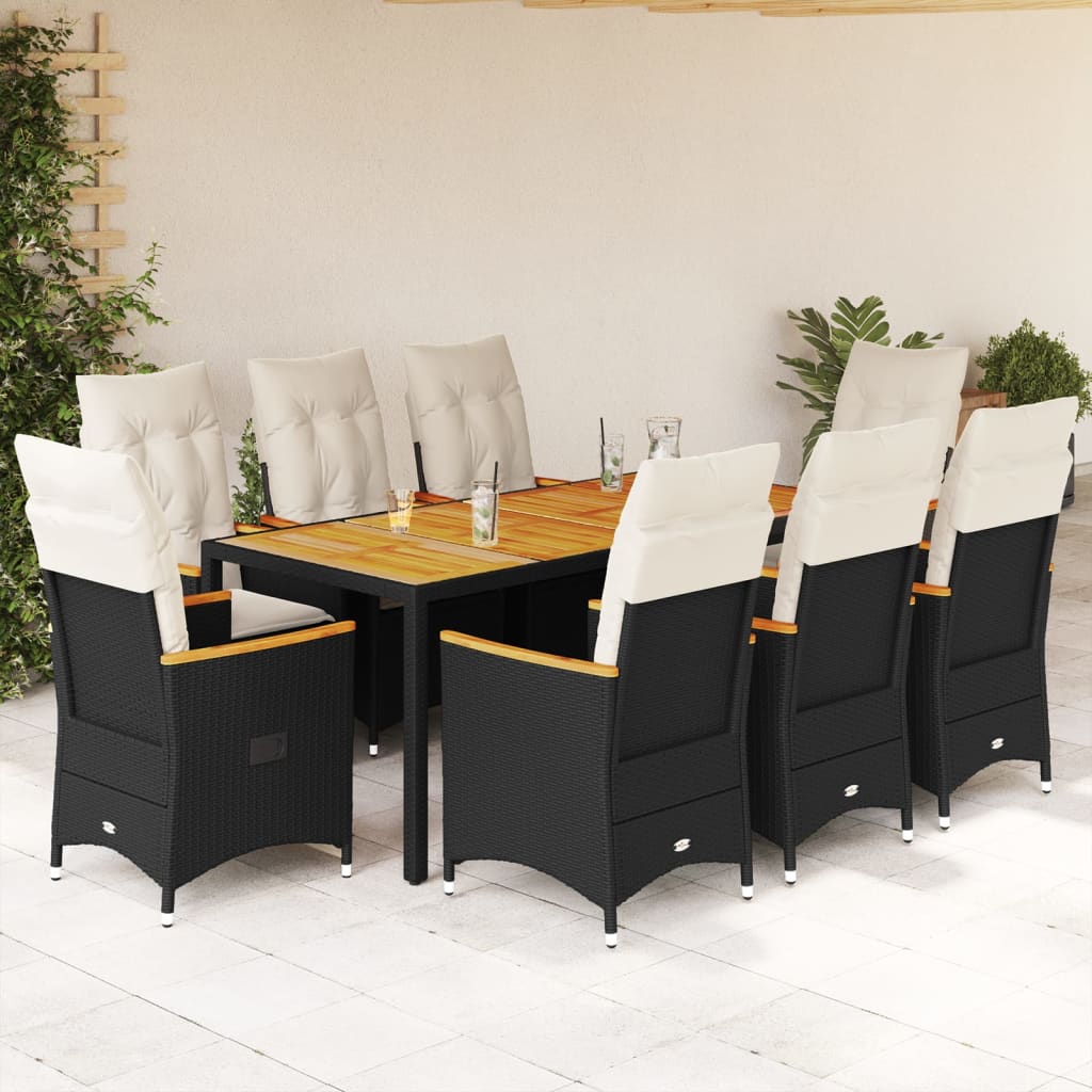 9 Pcs conjunto de jantar p/ jardim c/ almofadões vime PE preto