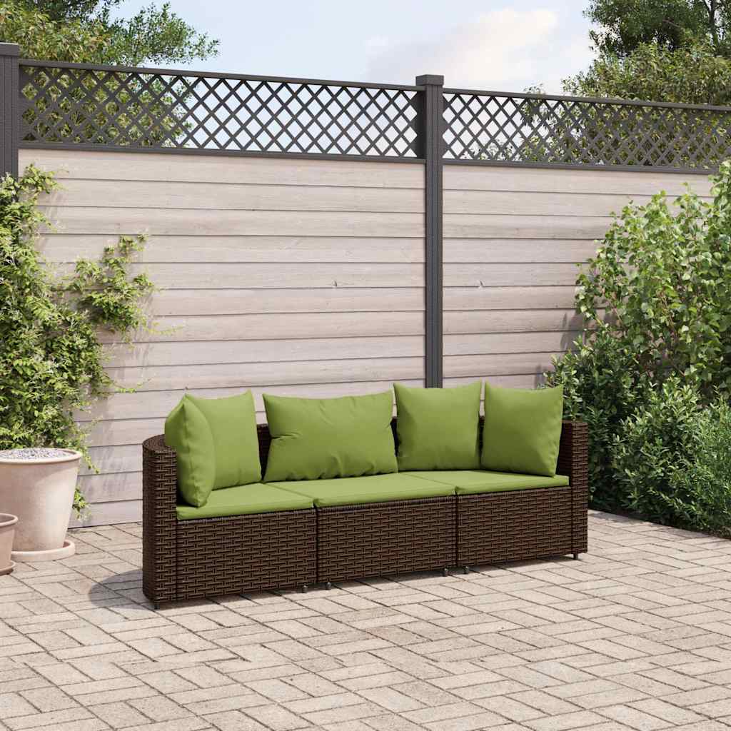 3 Pcs conjunto sofás de jardim com almofadões vime PE castanho