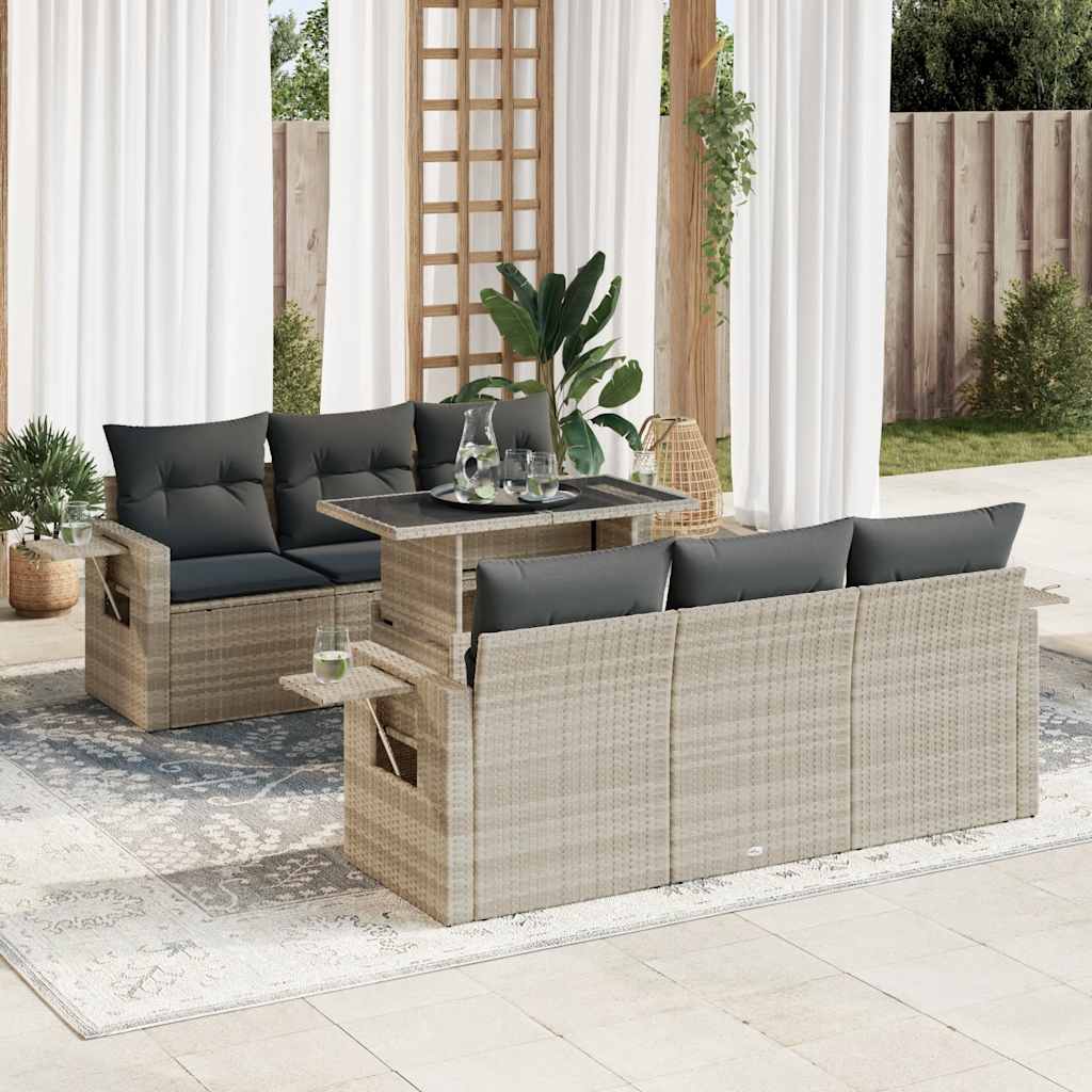 7 Pcs conj. sofás jardim com almofadões vime PE cinzento-claro