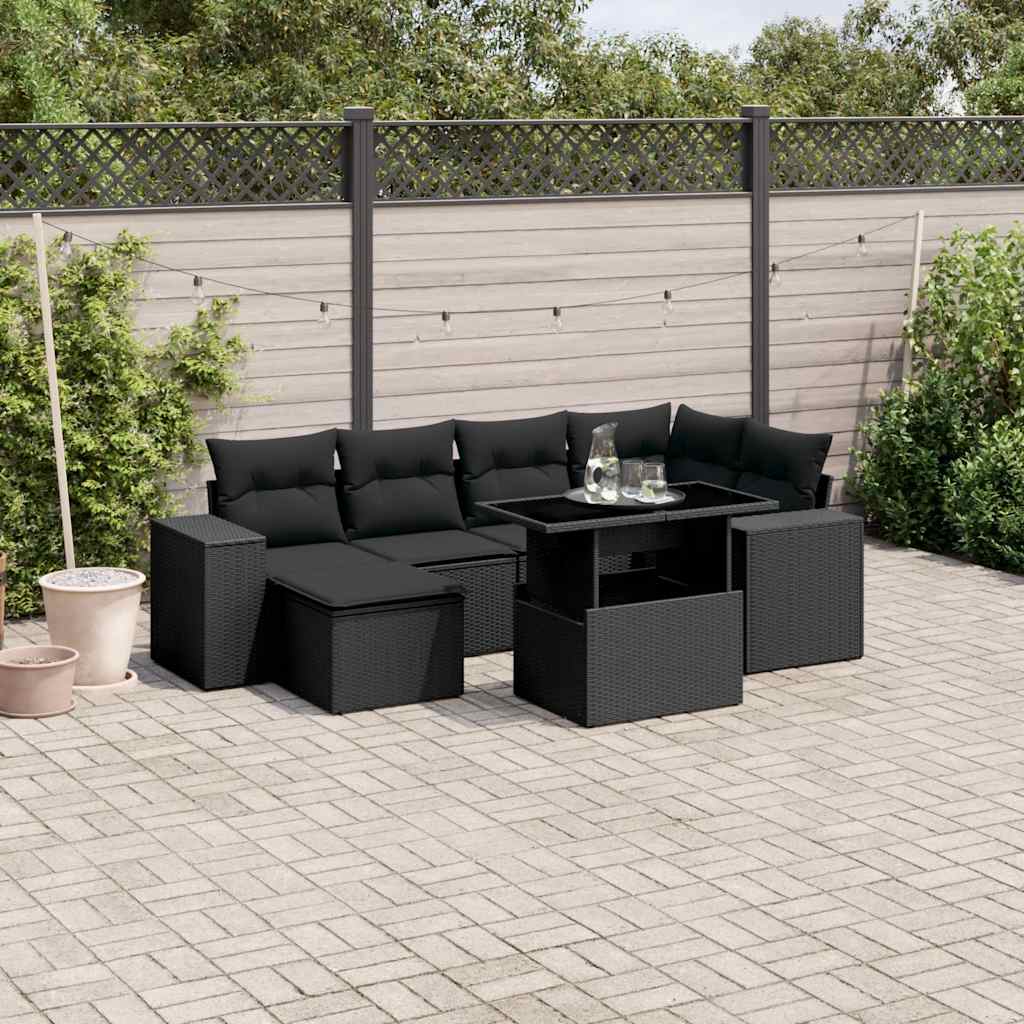 7 Pcs conjunto de sofás p/ jardim c/ almofadões vime PE preto
