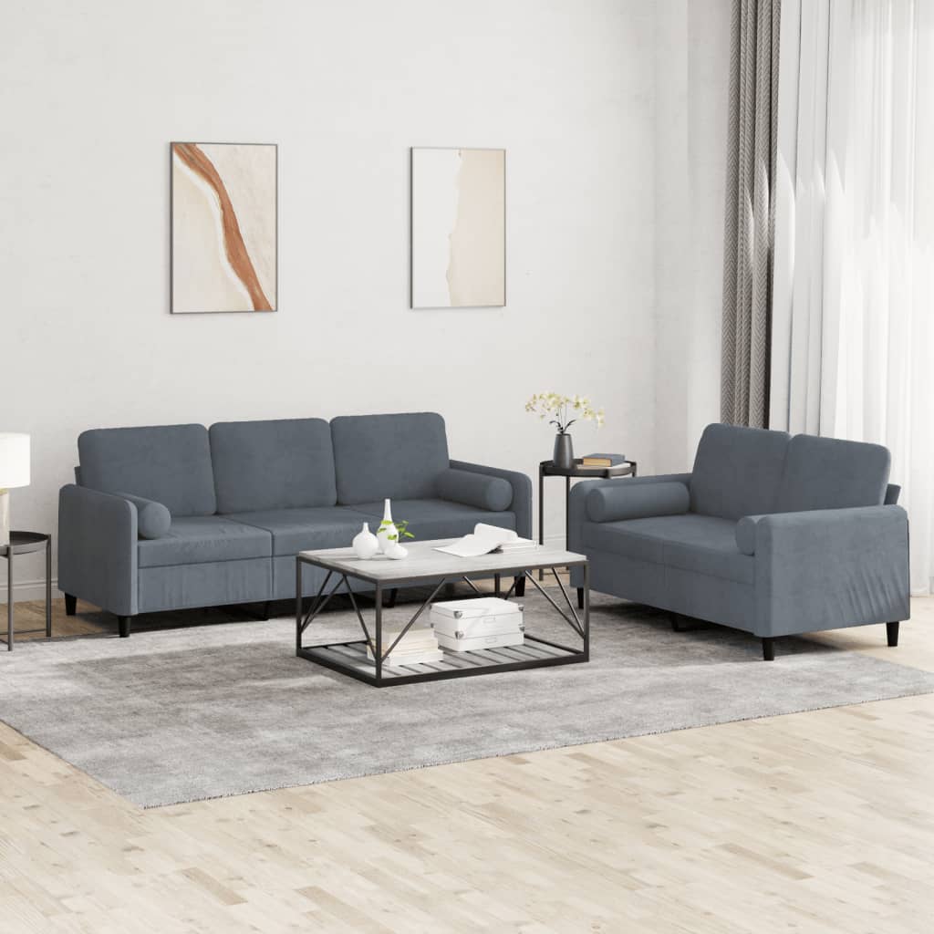 2 Pcs conjunto de sofás com almofadas veludo cinzento-escuro