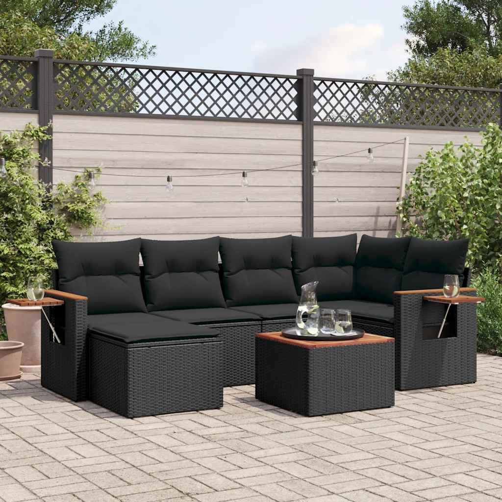 7 Pcs conjunto de sofás p/ jardim c/ almofadões vime PE preto