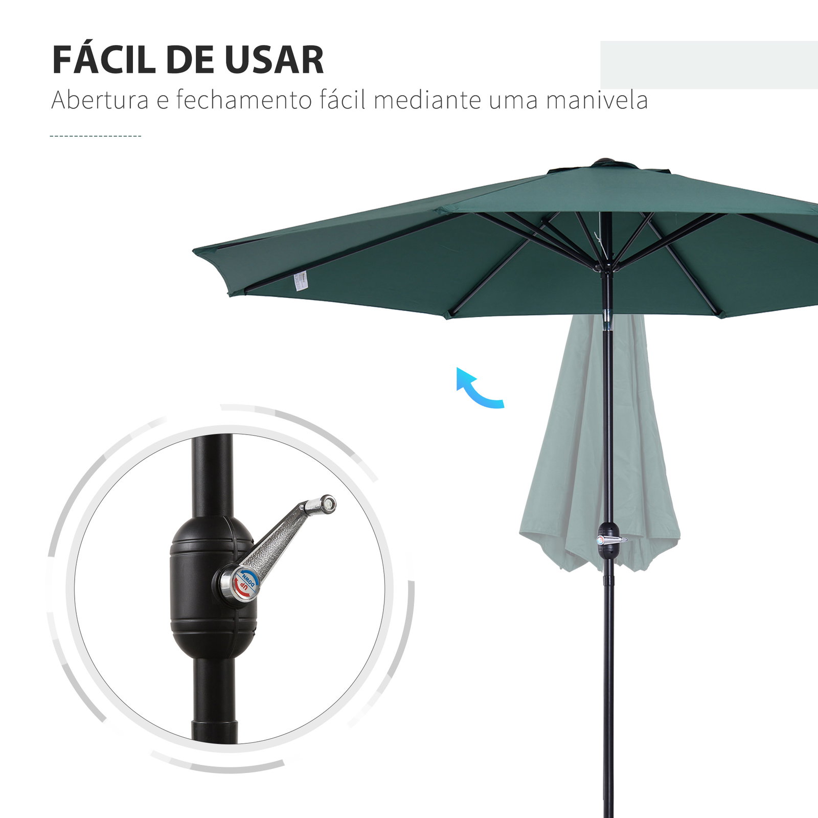 Chapéu de Sol de Jardim Ø295x250cm com Manivela Chapéu de Sol Exterior com Mecanismo de Inclinação e Mastro Desmontável de Metal