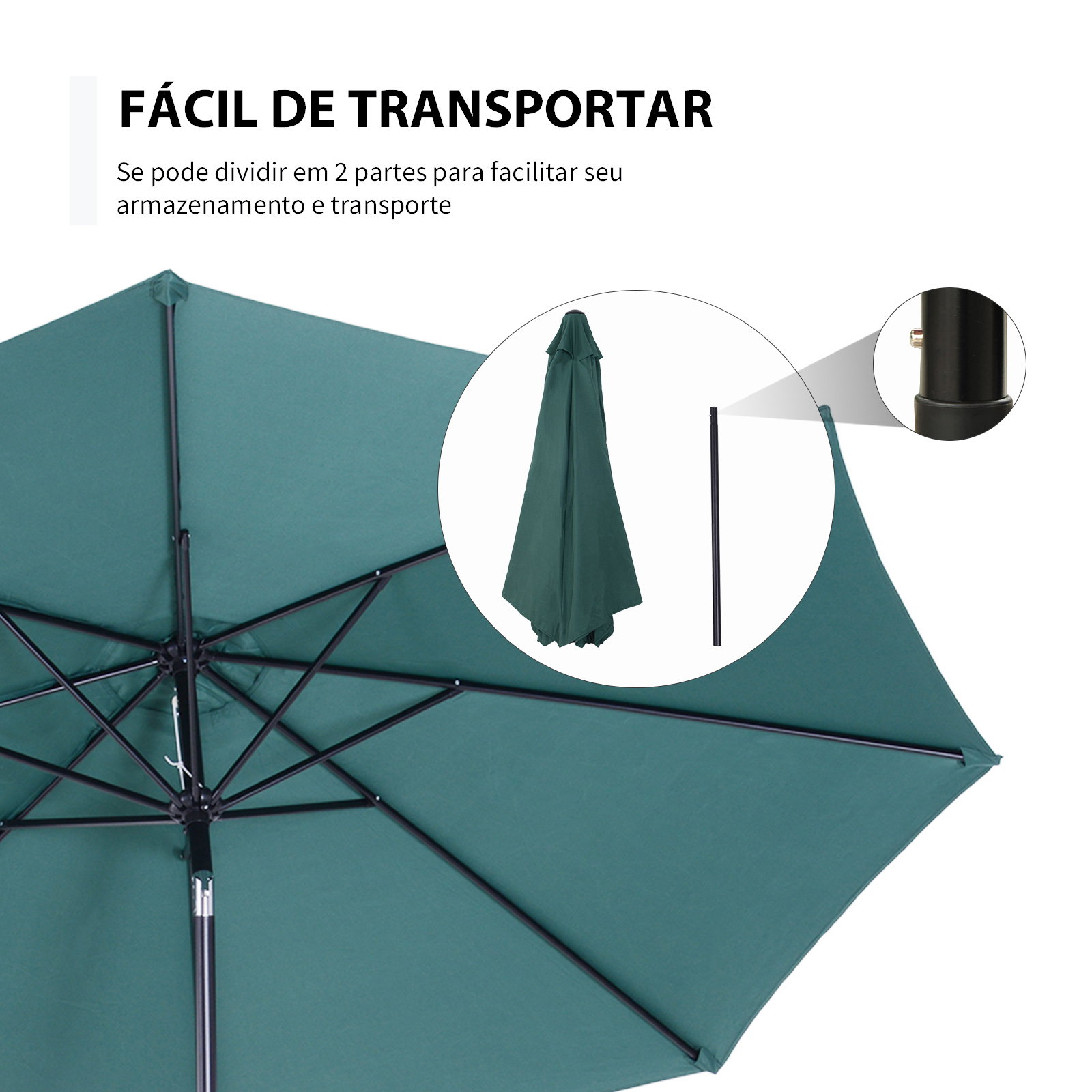 Chapéu de Sol de Jardim Ø295x250cm com Manivela Chapéu de Sol Exterior com Mecanismo de Inclinação e Mastro Desmontável de Metal