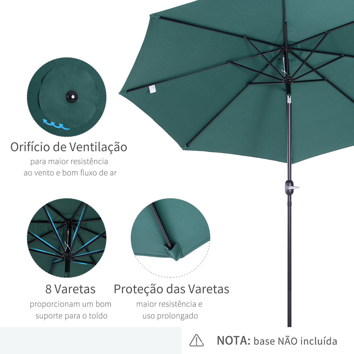 Chapéu de Sol de Jardim Ø295x250cm com Manivela Chapéu de Sol Exterior com Mecanismo de Inclinação e Mastro Desmontável de Metal