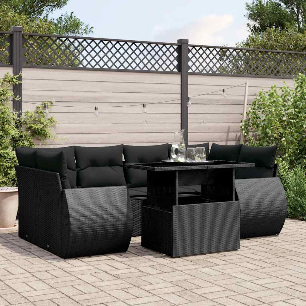 7 Pcs conjunto de sofás p/ jardim c/ almofadões vime PE preto