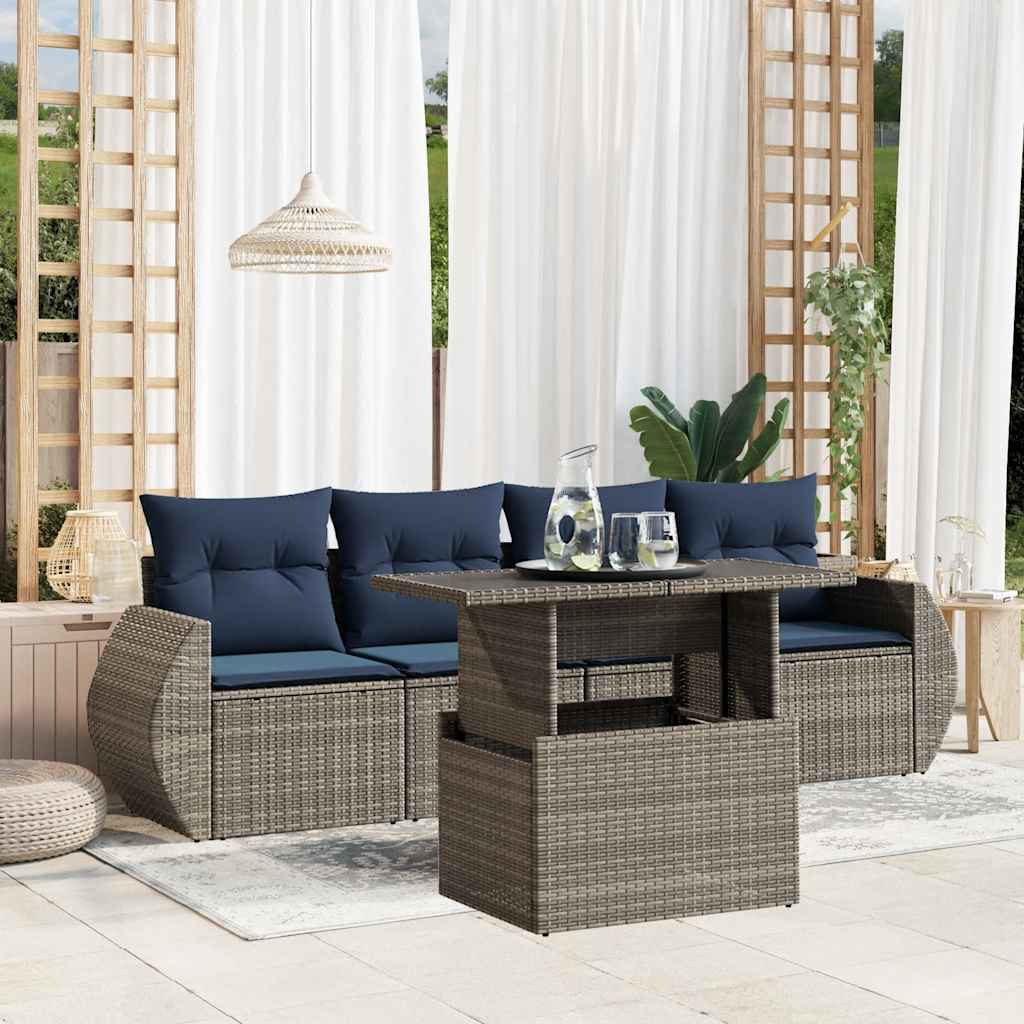 Conjunto de sofá de jardim de 5 peças com almofadas em rattan sintético cinza