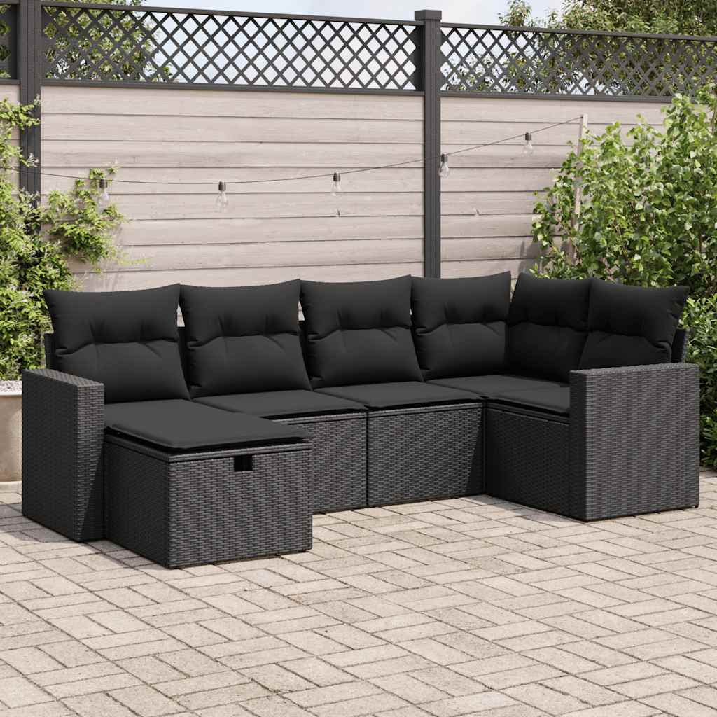 6 Pcs conjunto sofás de jardim c/ almofadões vime PE preto