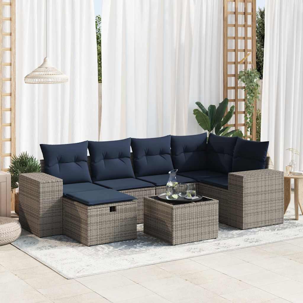 7 Pcs conjunto sofás p/ jardim c/ almofadões vime PE cinzento