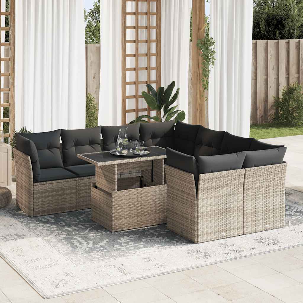 9 Pcs conjunto sofás p/ jardim com almofadões vime PE cinzento