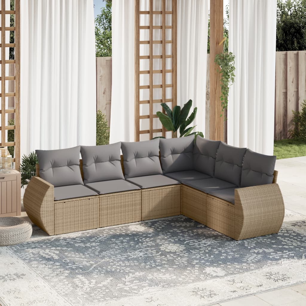 6 Pcs conjunto de sofás p/ jardim com almofadões vime PE bege