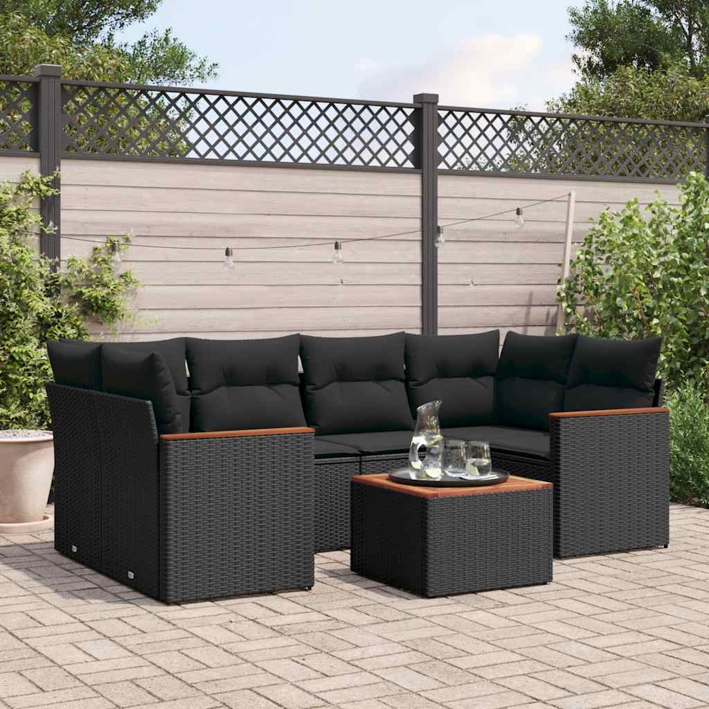 7 Pcs conjunto de sofás p/ jardim c/ almofadões vime PE preto