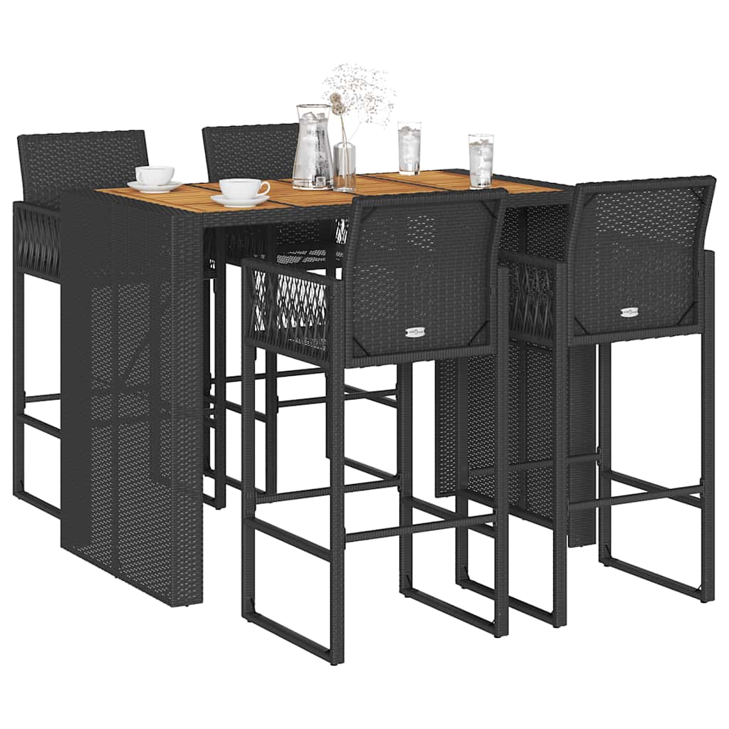 5 Pcs conj. de bar jardim sem almofadões vime PE/acácia preto