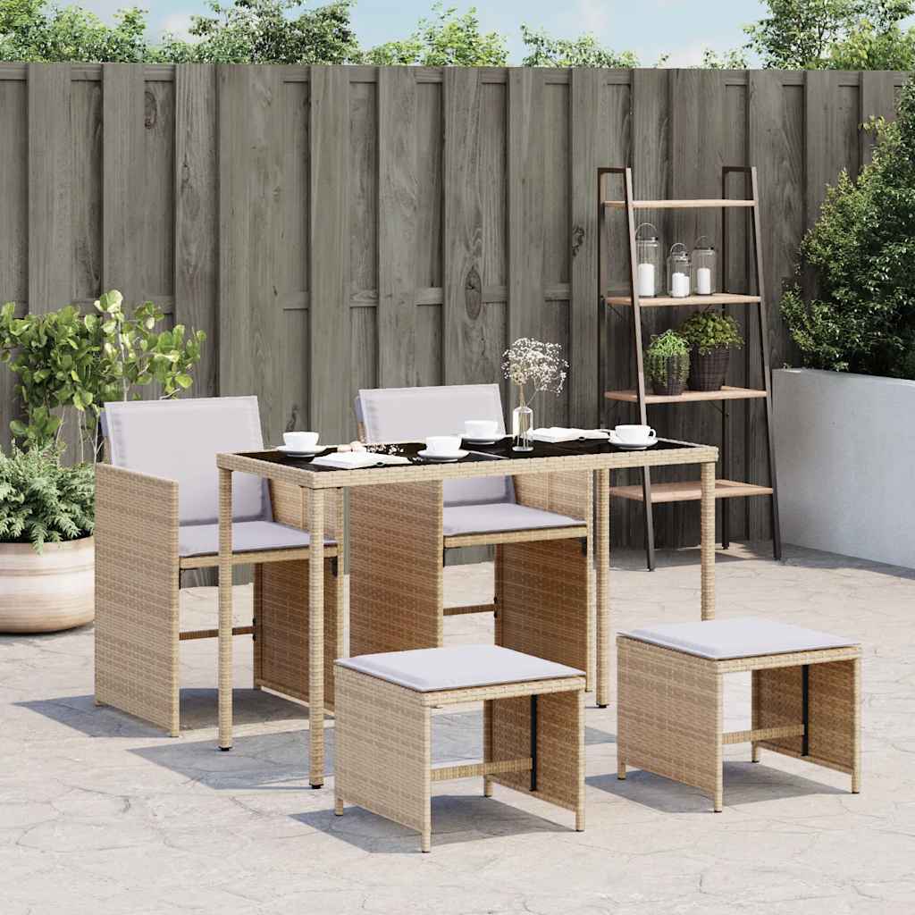 5Pcs conj. jantar jardim c/ almofadões vime PE bege misturado