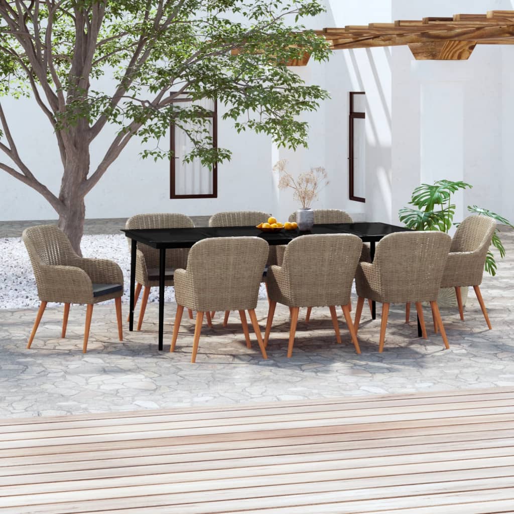9 Pcs conjunto de jantar para jardim com almofadões castanho