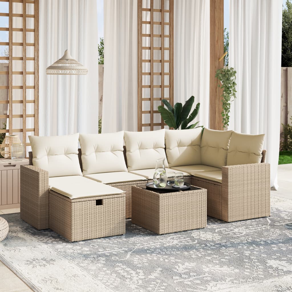 7 Pcs conjunto de sofás p/ jardim com almofadões vime PE bege