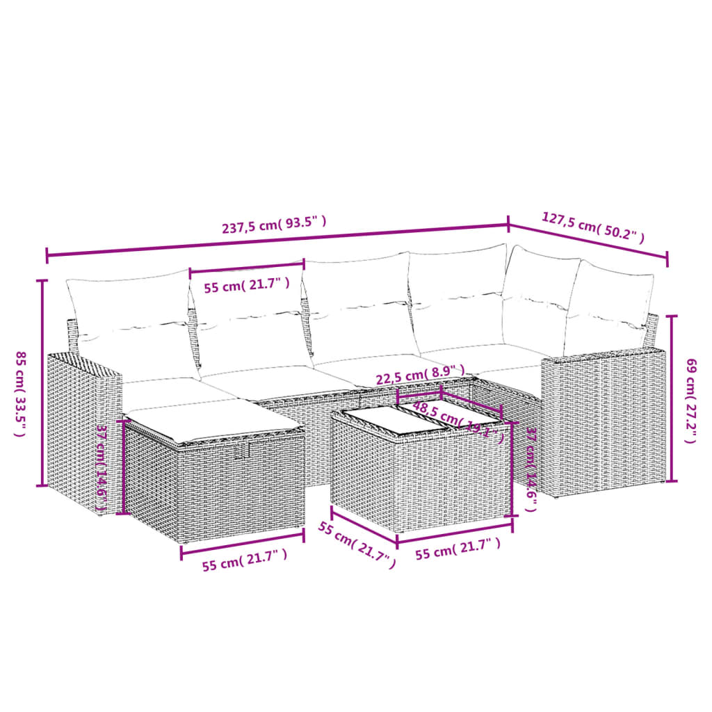 7 Pcs conjunto de sofás p/ jardim com almofadões vime PE bege