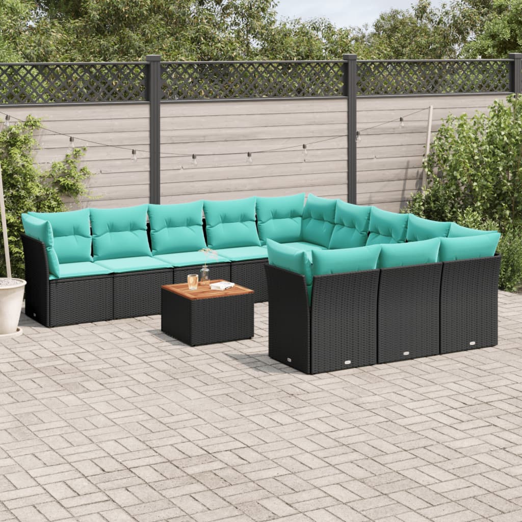 12 Pcs conjunto de sofás de jardim com almofadões vime PE preto