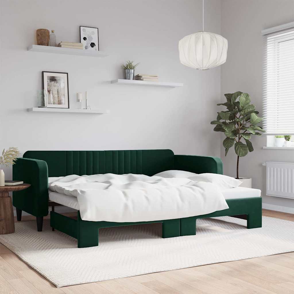 Sofá-cama com gavetão 90x200 cm veludo verde-escuro
